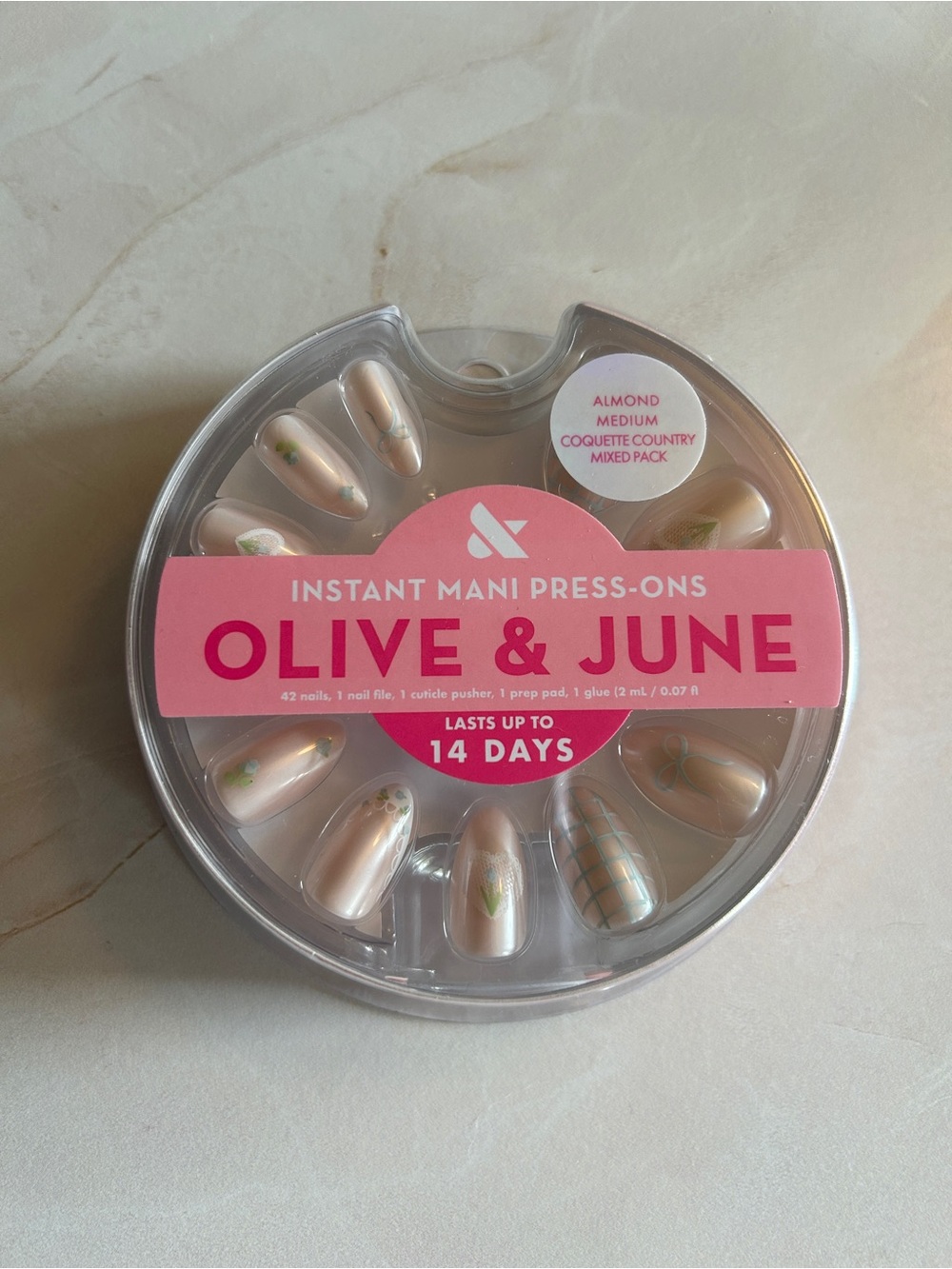 olive and june coquette country medium almond press on nails